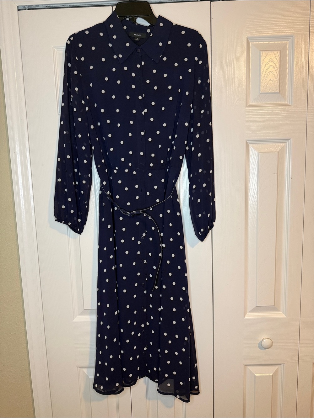 Alfani Navy Polka Dot Midi Shirt Dress